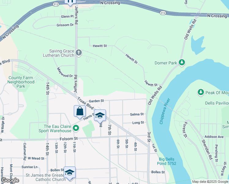 map of restaurants, bars, coffee shops, grocery stores, and more near 620 Garden Street in Eau Claire