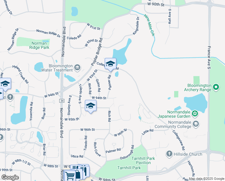 map of restaurants, bars, coffee shops, grocery stores, and more near 9349 Palmer Road in Minneapolis