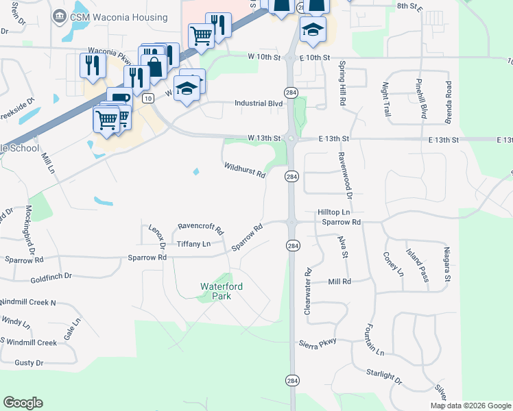map of restaurants, bars, coffee shops, grocery stores, and more near 1526 Deerfield Road in Waconia