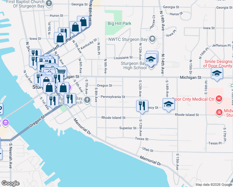 map of restaurants, bars, coffee shops, grocery stores, and more near 940 Pennsylvania St in Sturgeon Bay