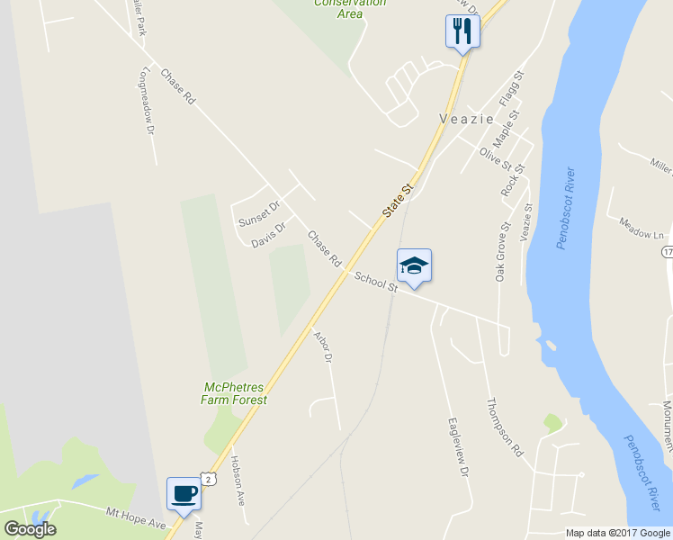 map of restaurants, bars, coffee shops, grocery stores, and more near 1356 State Street in Veazie