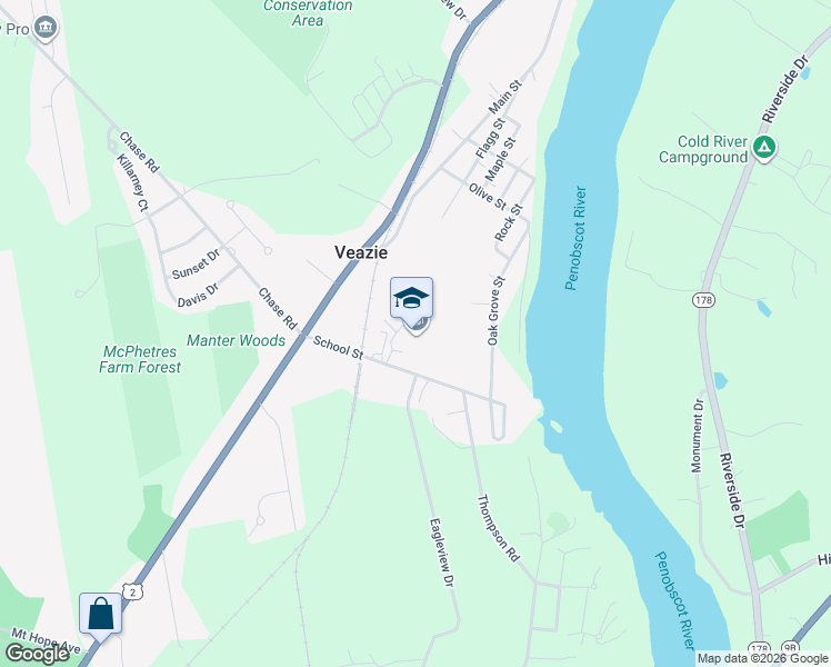 map of restaurants, bars, coffee shops, grocery stores, and more near 1040 School Street in Veazie