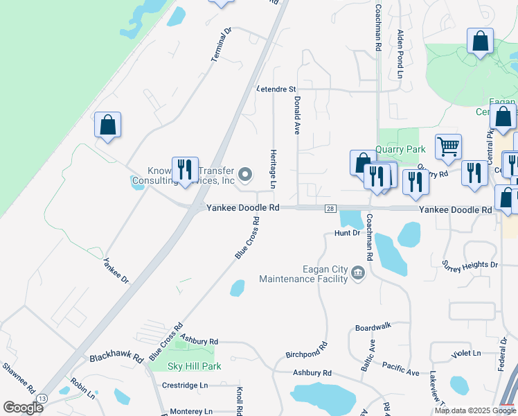 map of restaurants, bars, coffee shops, grocery stores, and more near 1750 Yankee Doodle Road in Eagan