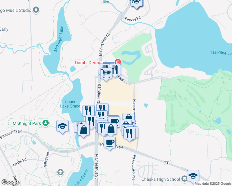 map of restaurants, bars, coffee shops, grocery stores, and more near 1140 Hazeltine Boulevard in Chaska