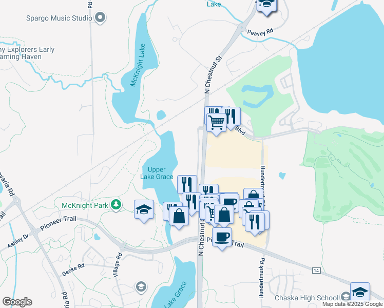 map of restaurants, bars, coffee shops, grocery stores, and more near 3110 North Chestnut Street in Chaska