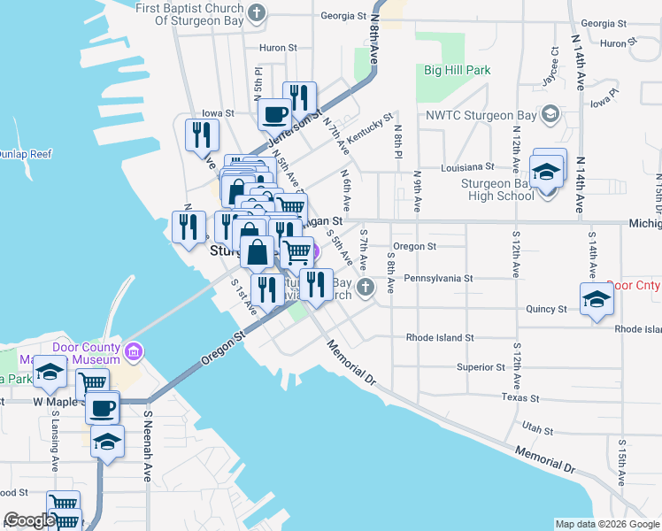map of restaurants, bars, coffee shops, grocery stores, and more near 421 Nebraska Street in Sturgeon Bay