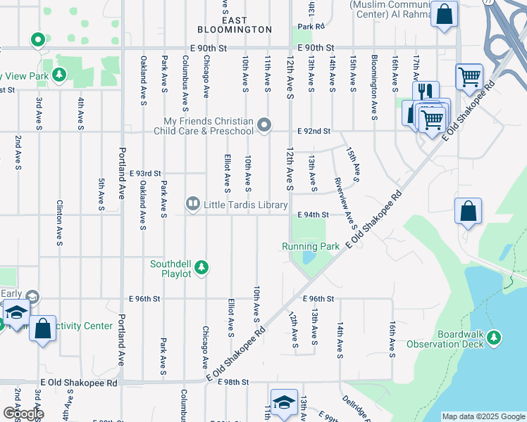map of restaurants, bars, coffee shops, grocery stores, and more near 9342 11th Avenue South in Minneapolis