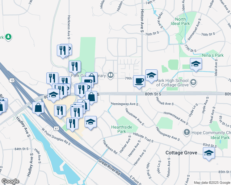 map of restaurants, bars, coffee shops, grocery stores, and more near 7539 80th Street South in Cottage Grove