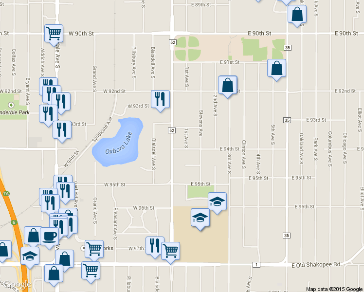 map of restaurants, bars, coffee shops, grocery stores, and more near 9324 1st Ave S in Bloomington