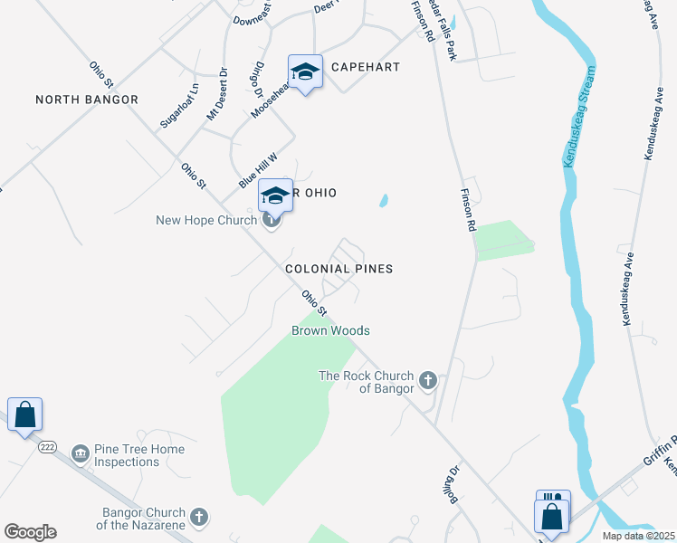 map of restaurants, bars, coffee shops, grocery stores, and more near 1343 Ohio Street in Bangor