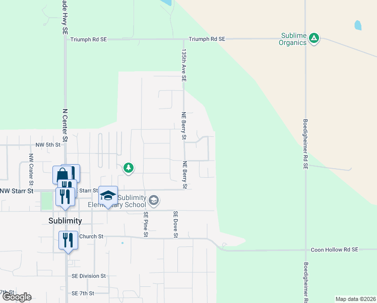 map of restaurants, bars, coffee shops, grocery stores, and more near 326 Northeast Berry Street in Sublimity