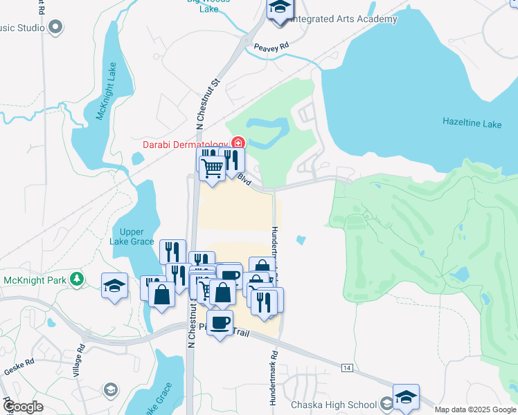map of restaurants, bars, coffee shops, grocery stores, and more near 1130 Hazeltine Boulevard in Chaska