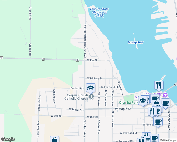 map of restaurants, bars, coffee shops, grocery stores, and more near 727 Prairie Lane in Sturgeon Bay