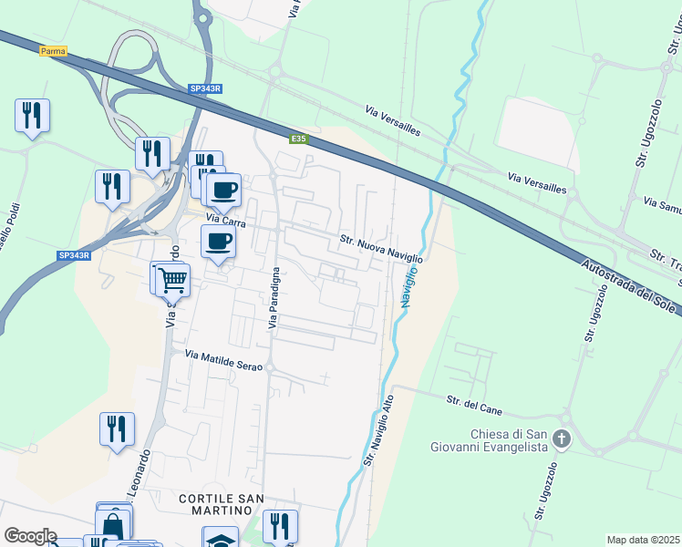 map of restaurants, bars, coffee shops, grocery stores, and more near 32A Via Alfredo Veroni in Parma