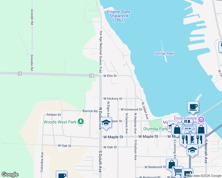 map of restaurants, bars, coffee shops, grocery stores, and more near 727 Prairie Lane in Sturgeon Bay