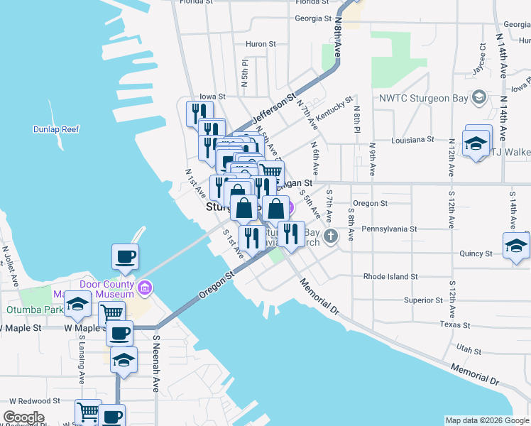 map of restaurants, bars, coffee shops, grocery stores, and more near 112 South 3rd Avenue in Sturgeon Bay