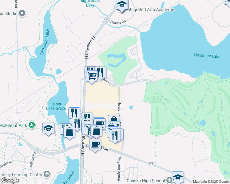 map of restaurants, bars, coffee shops, grocery stores, and more near 1130 Hazeltine Boulevard in Chaska