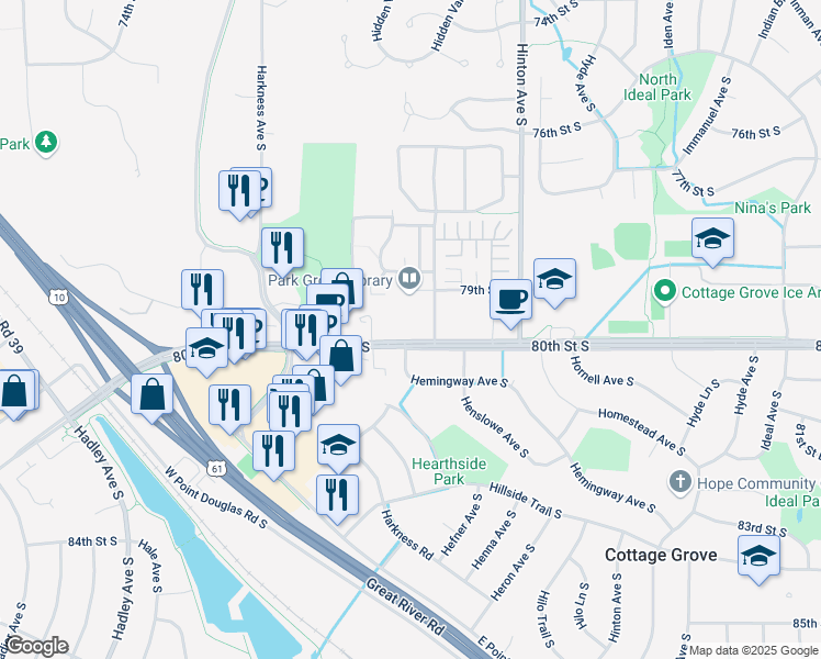 map of restaurants, bars, coffee shops, grocery stores, and more near 7539 80th Street South in Cottage Grove
