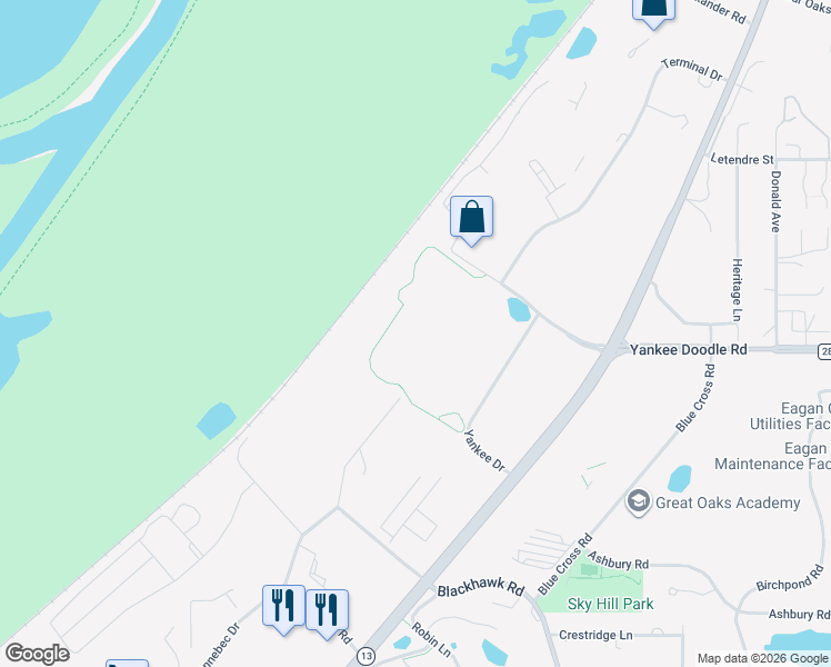 map of restaurants, bars, coffee shops, grocery stores, and more near 3400 Yankee Drive in Eagan