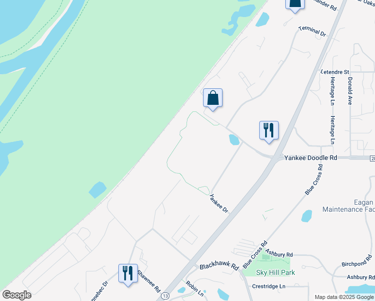 map of restaurants, bars, coffee shops, grocery stores, and more near 3400 Yankee Drive in Eagan