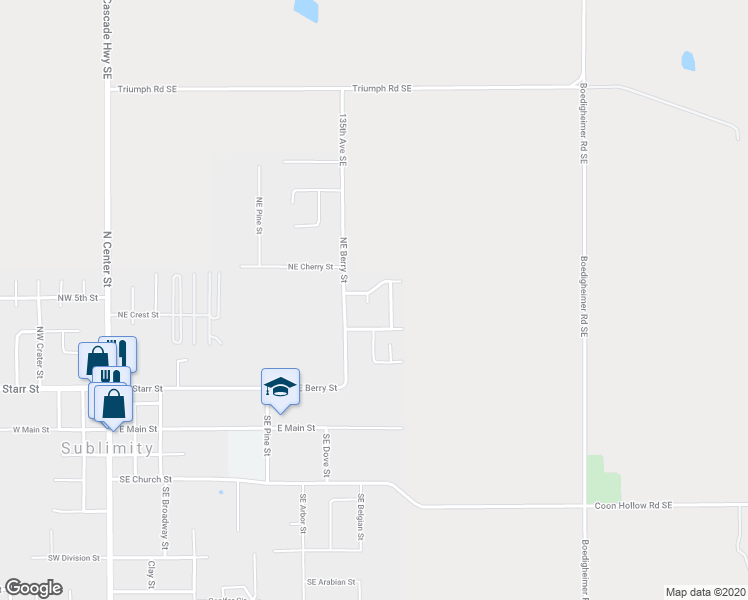 map of restaurants, bars, coffee shops, grocery stores, and more near 366 Northeast Blossom Courtt in Sublimity