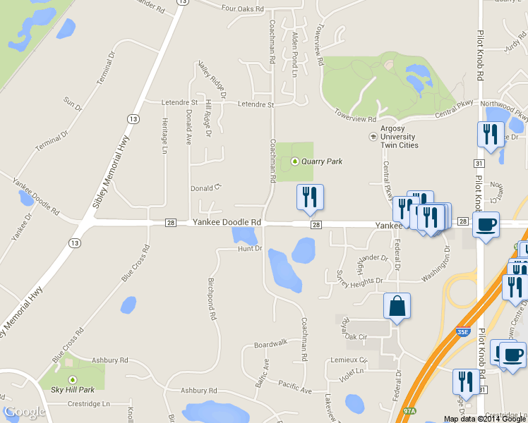 map of restaurants, bars, coffee shops, grocery stores, and more near 3367 Coachman Road in Eagan