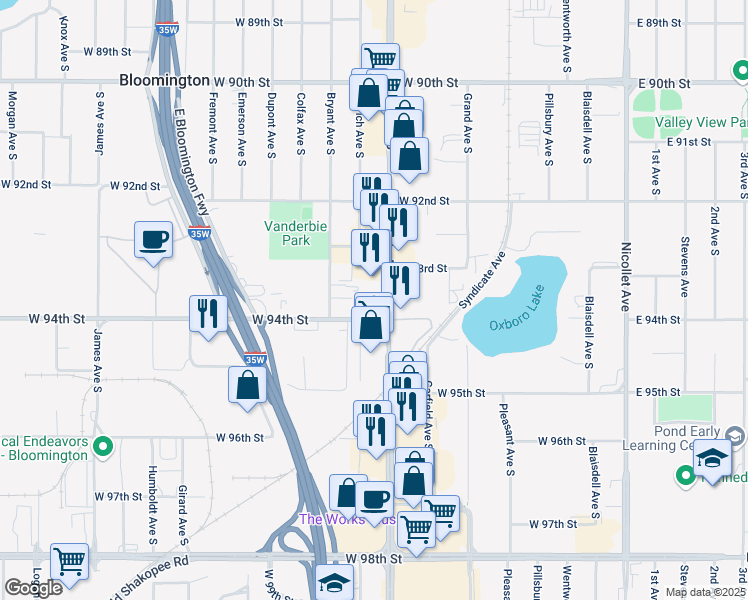 map of restaurants, bars, coffee shops, grocery stores, and more near in Bloomington