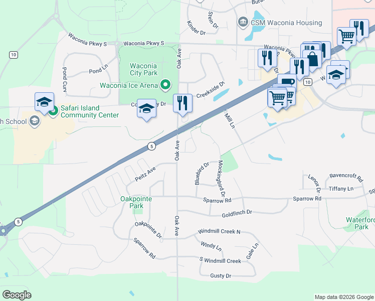 map of restaurants, bars, coffee shops, grocery stores, and more near 1415 Oriole Drive in Waconia