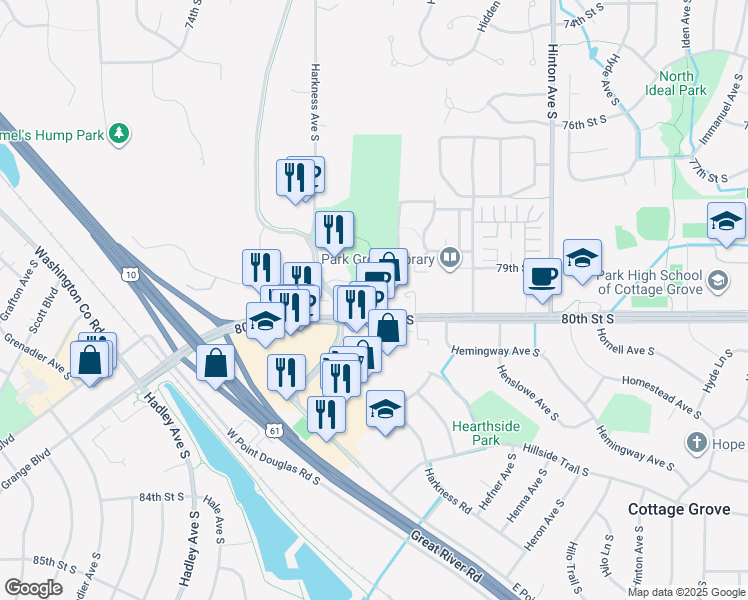 map of restaurants, bars, coffee shops, grocery stores, and more near 7420 80th Street South in Cottage Grove