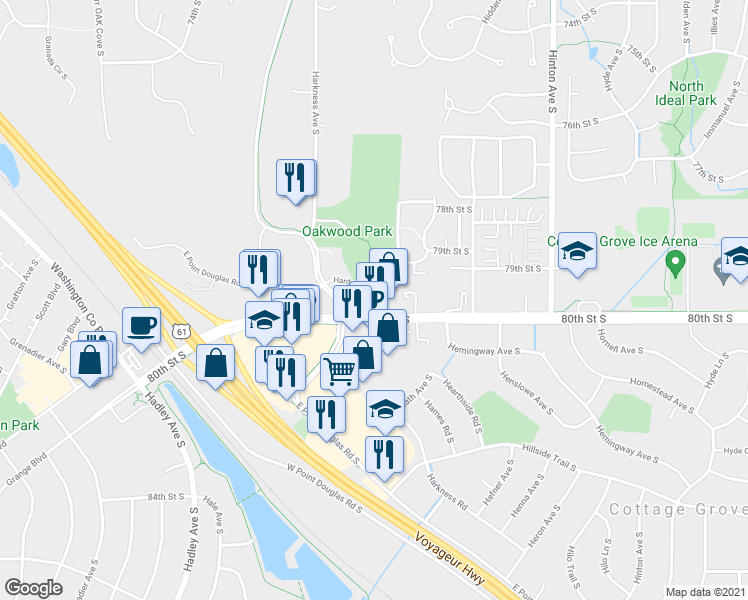 map of restaurants, bars, coffee shops, grocery stores, and more near 7420 80th Street South in Cottage Grove