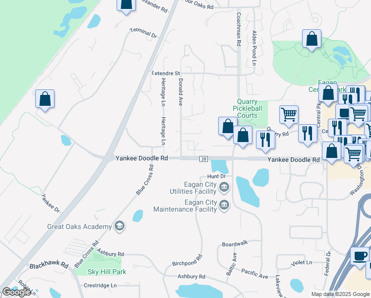 map of restaurants, bars, coffee shops, grocery stores, and more near 3395 Yankee Doodle Lane in Eagan
