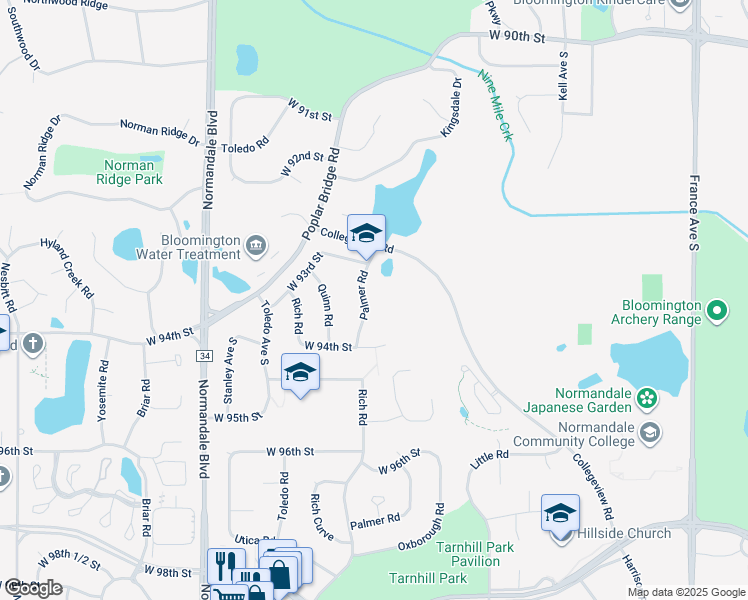 map of restaurants, bars, coffee shops, grocery stores, and more near 9349 Palmer Road in Minneapolis