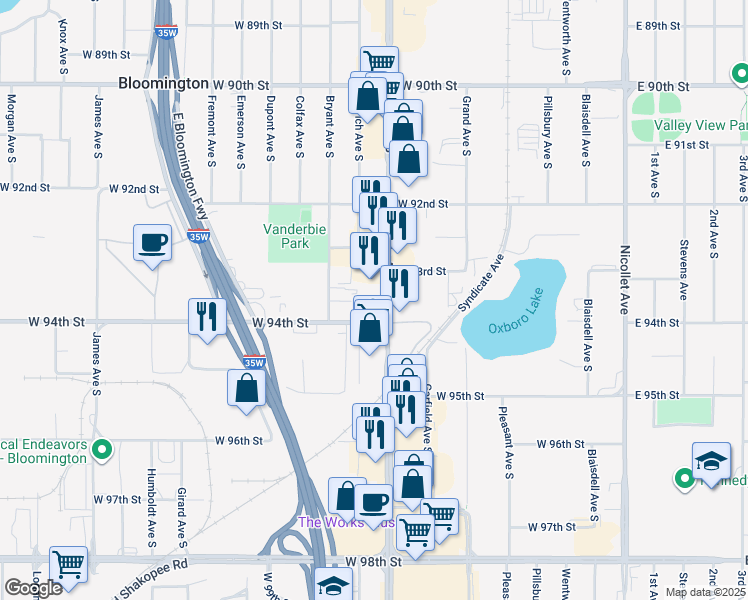 map of restaurants, bars, coffee shops, grocery stores, and more near 9320 Lyndale Avenue South in Minneapolis