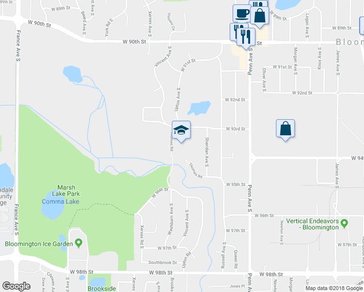 map of restaurants, bars, coffee shops, grocery stores, and more near 9301 Thomas Road in Bloomington