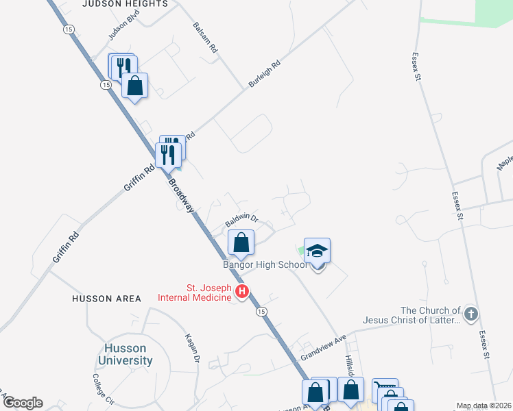 map of restaurants, bars, coffee shops, grocery stores, and more near 21 Cortland Circle in Bangor