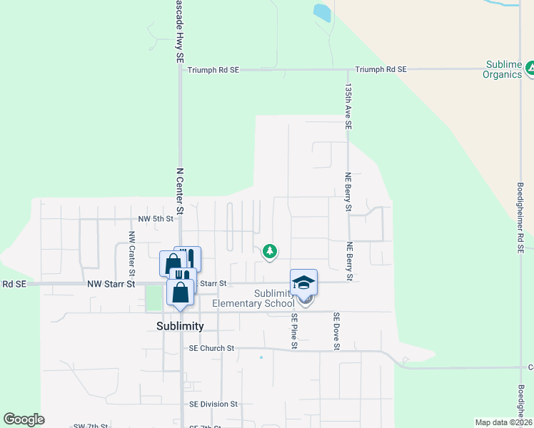 map of restaurants, bars, coffee shops, grocery stores, and more near 459 Northeast Cedar Street in Sublimity