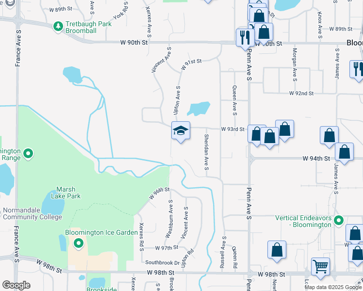 map of restaurants, bars, coffee shops, grocery stores, and more near 9301 Thomas Road in Bloomington