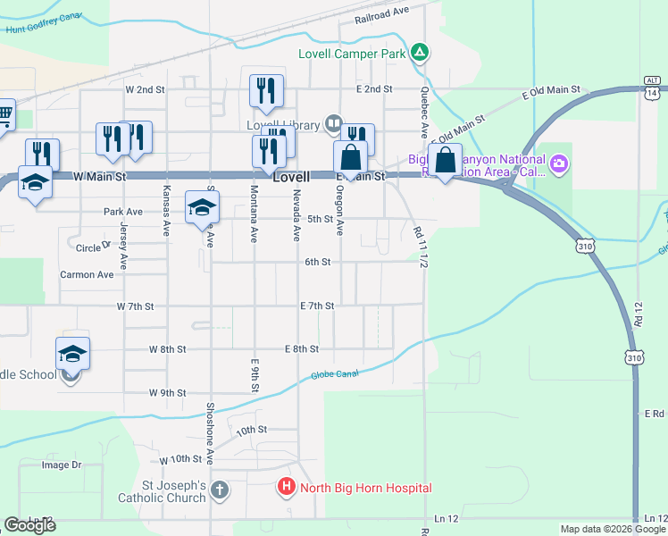 map of restaurants, bars, coffee shops, grocery stores, and more near 557 Oregon Ave in Lovell