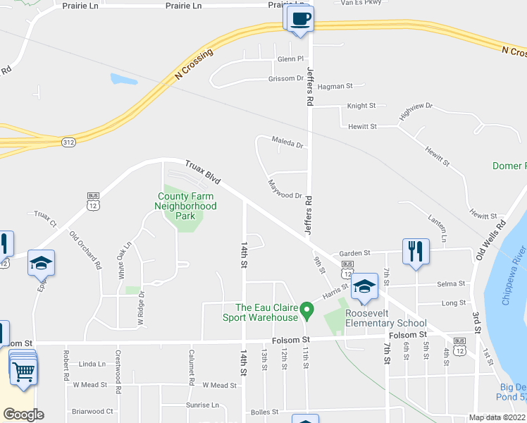 map of restaurants, bars, coffee shops, grocery stores, and more near 1420 Truax Blvd in Eau Claire
