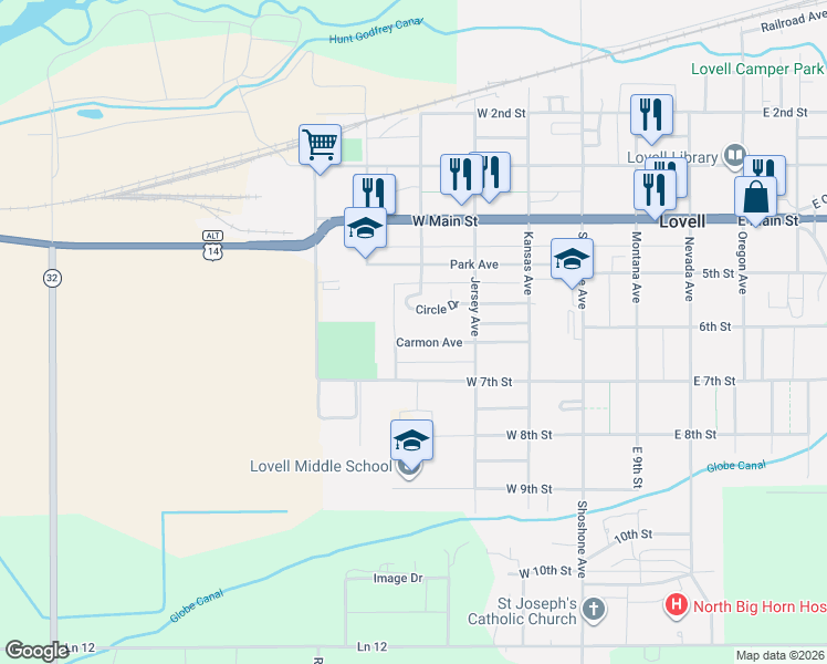map of restaurants, bars, coffee shops, grocery stores, and more near 20-98 Circle Drive in Lovell