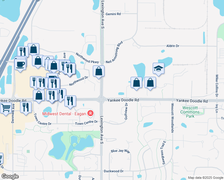 map of restaurants, bars, coffee shops, grocery stores, and more near 3308-3386 Lexington Avenue South in Eagan