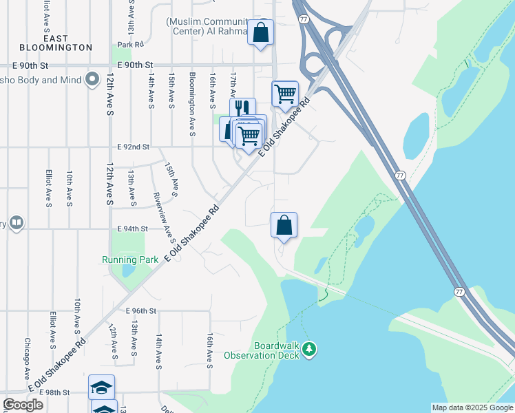 map of restaurants, bars, coffee shops, grocery stores, and more near 9250 Old Cedar Avenue South in Bloomington