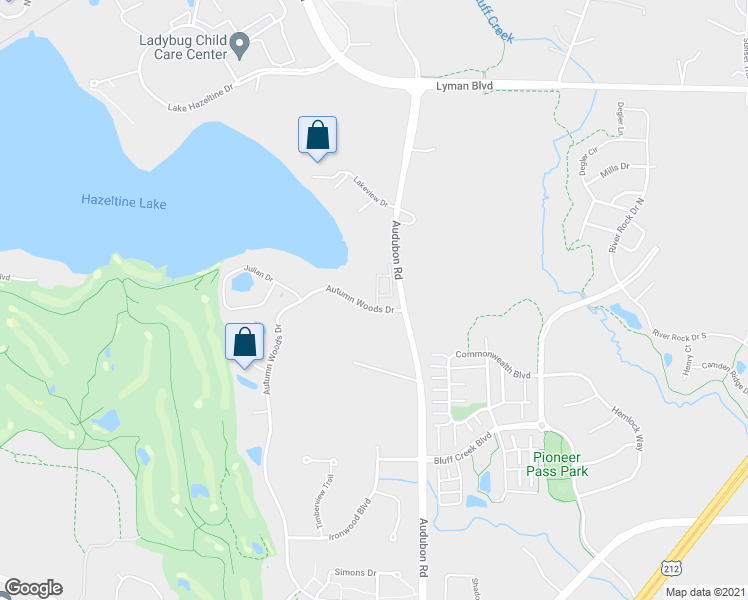 map of restaurants, bars, coffee shops, grocery stores, and more near 3422 Autumn Woods Drive in Chaska