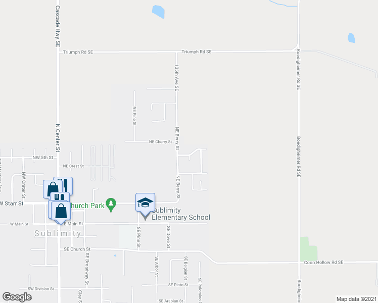 map of restaurants, bars, coffee shops, grocery stores, and more near 1033 Northeast Pine View in Sublimity