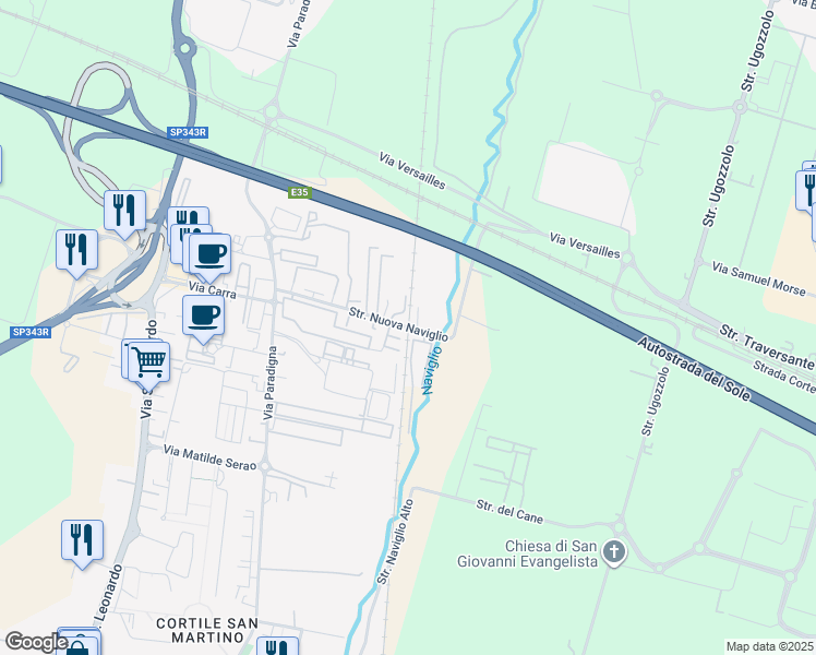map of restaurants, bars, coffee shops, grocery stores, and more near 10a Strada Nuova Naviglio in Parma