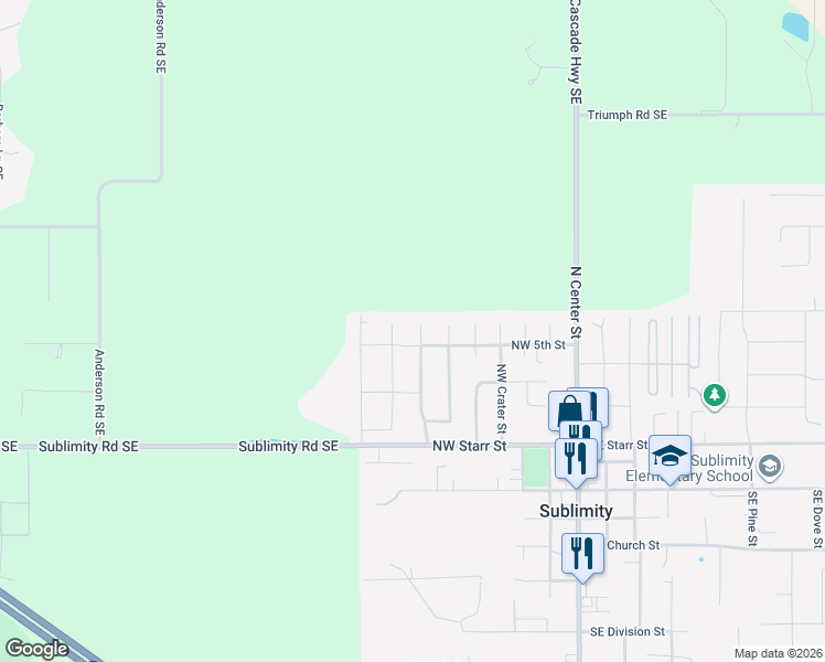 map of restaurants, bars, coffee shops, grocery stores, and more near 535 Northwest Hartmann Place in Sublimity