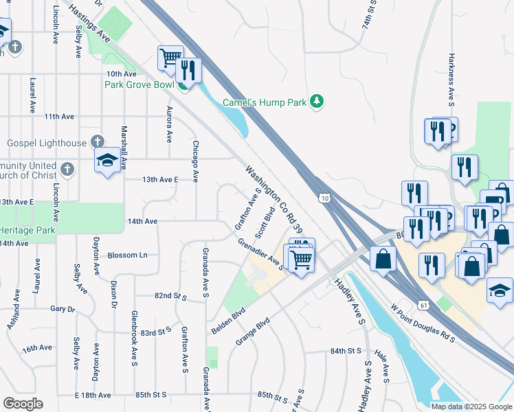 map of restaurants, bars, coffee shops, grocery stores, and more near 7881 Grafton Avenue South in Cottage Grove