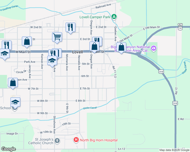 map of restaurants, bars, coffee shops, grocery stores, and more near 6th Street in Lovell