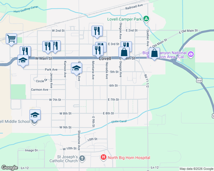 map of restaurants, bars, coffee shops, grocery stores, and more near 6th Street in Lovell