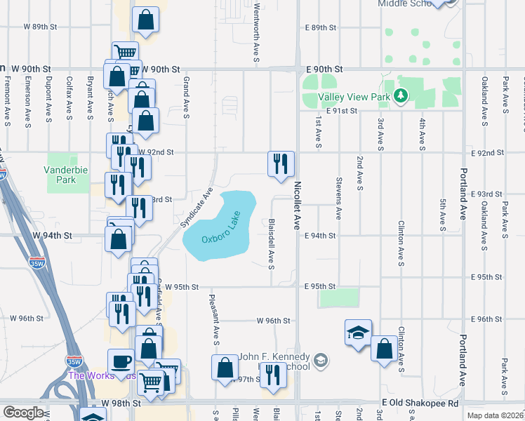 map of restaurants, bars, coffee shops, grocery stores, and more near 9300 Blaisdell Avenue South in Minneapolis